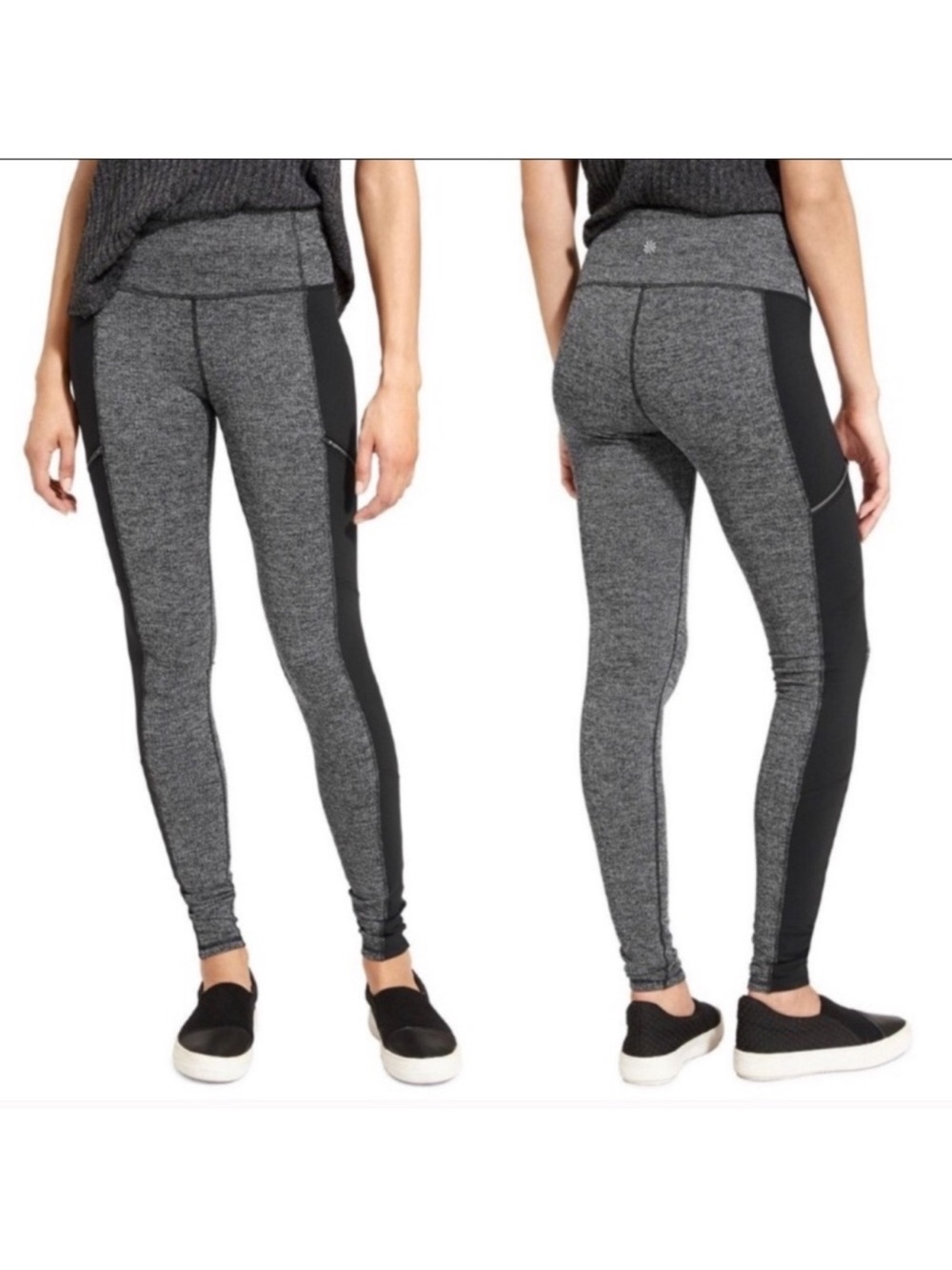 Athleta Criss-Cross Drifter Black & Gray Textured Active Tight Leggings Large